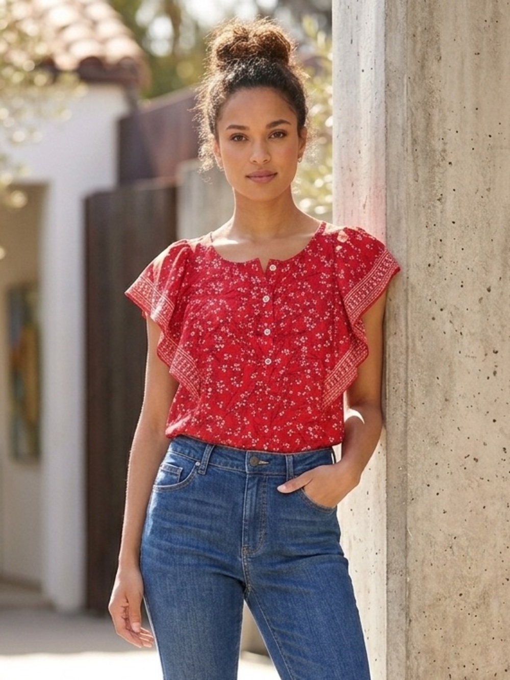 Max Studio | Red Cherry Blossom Floral Sleeve Blouse